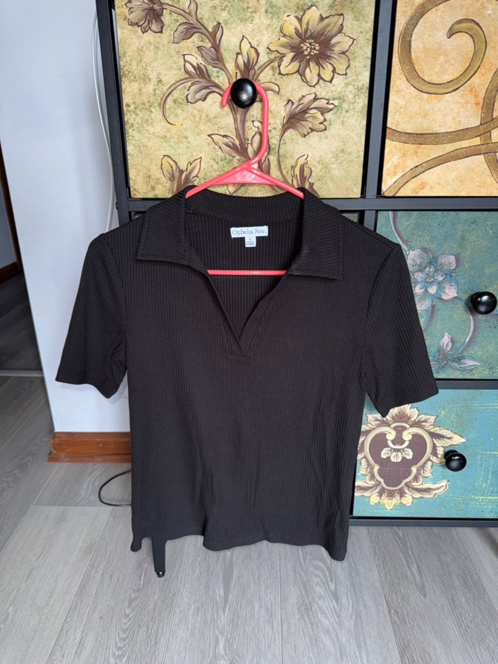 Black Ribbed Polo V-Neck Top